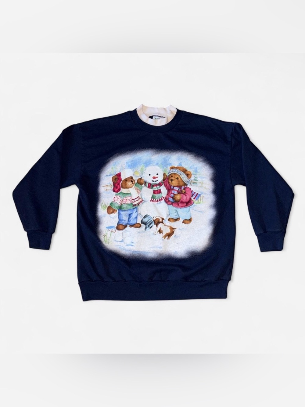 Vintage Christmas Sweatshirt with graphics of two teddy bears and a snowman